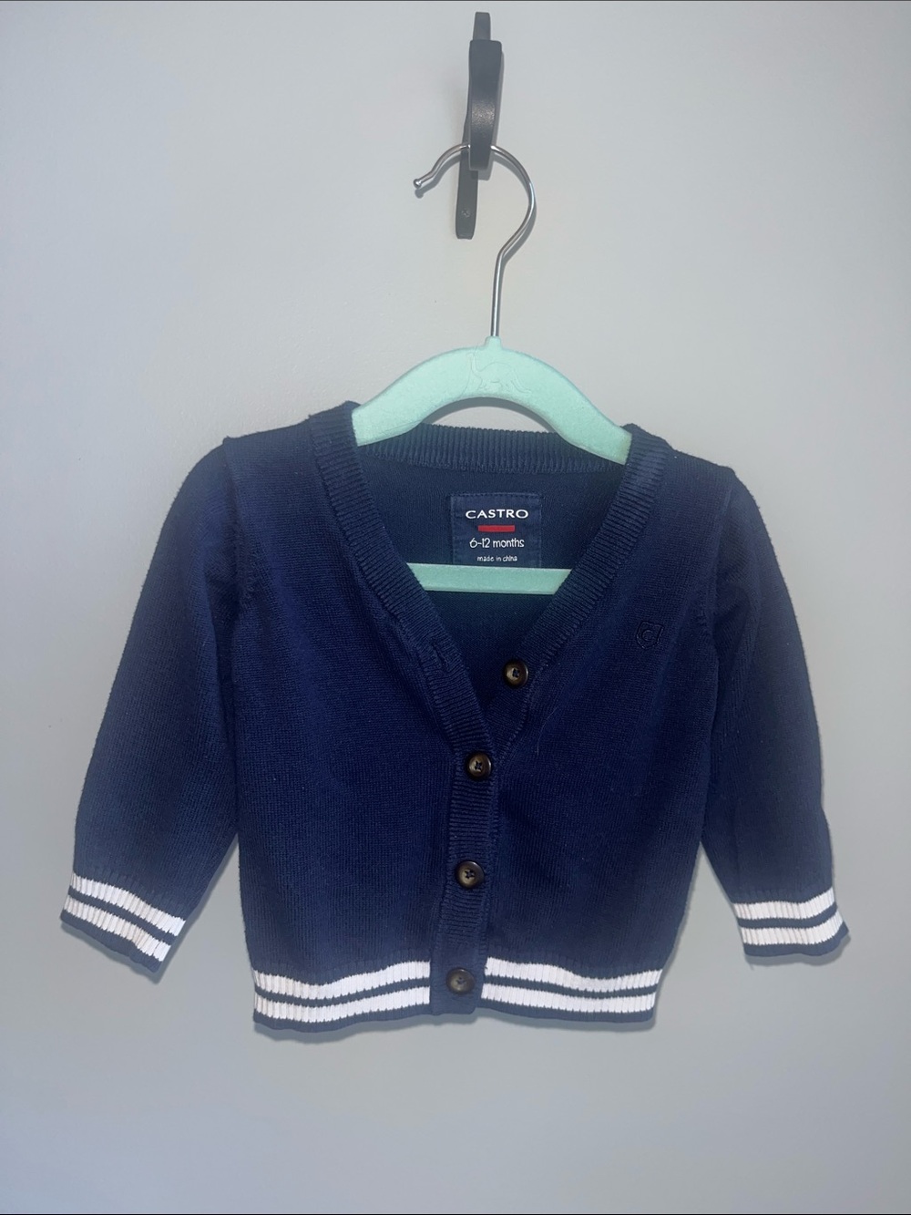 Castro Baby Navy Cardigan with White Stripe Trim